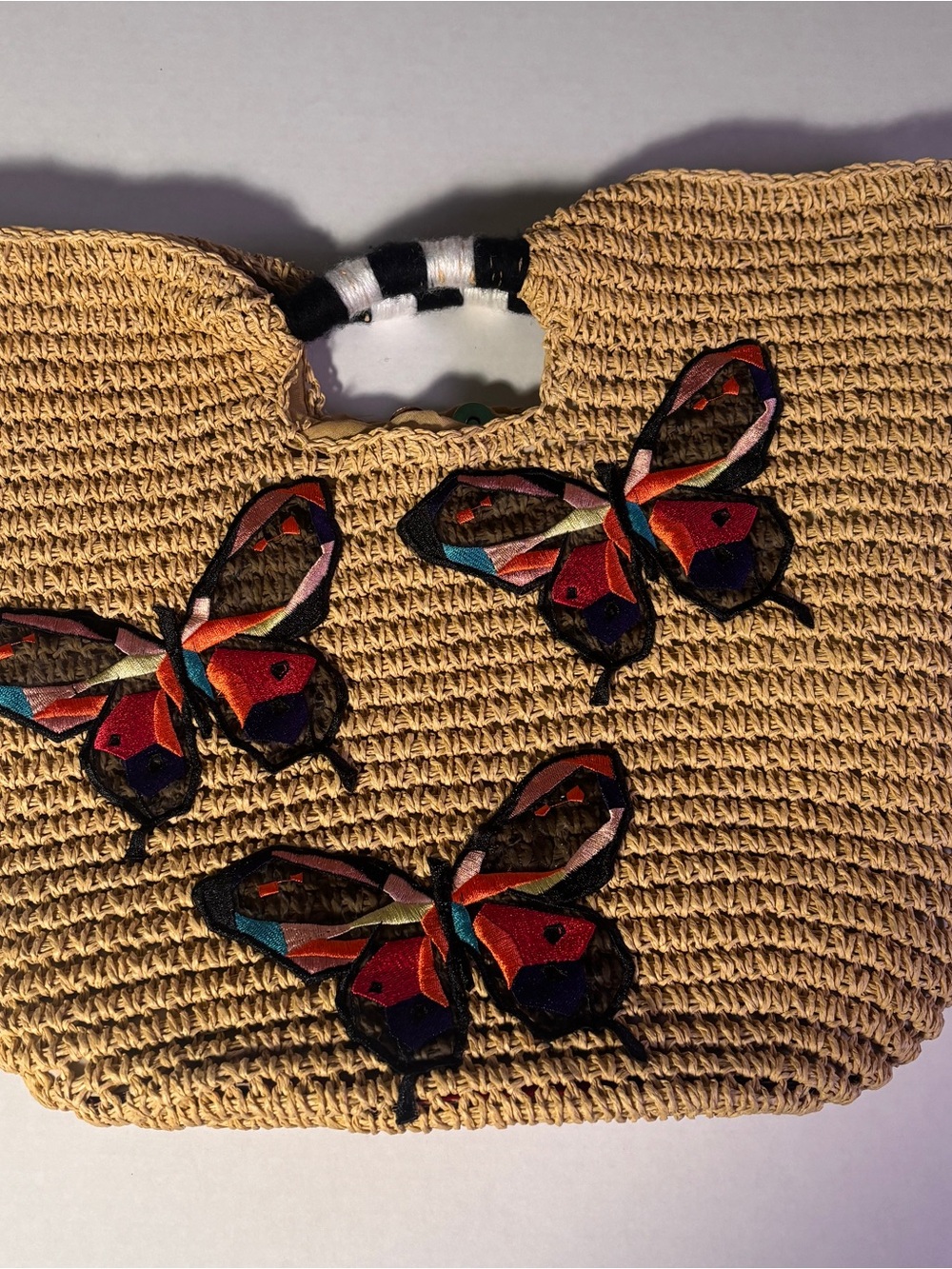 Bay Sky Embroidered Raffia Butterfly Tote Handbag